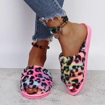 XPAY Femei Papuci de Casa Calda Bumbac Pantofi cu Blană de Moda Flip Flops Iarna Blana de Leopard Casual Doamnelor Alunecare Pe Slide-uri Marimea 36-41